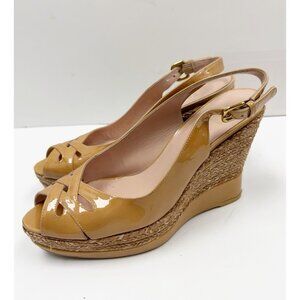 Stuart Weitzman Patent Leather Slingback Wedge Sandals Size 7.5 M Tan